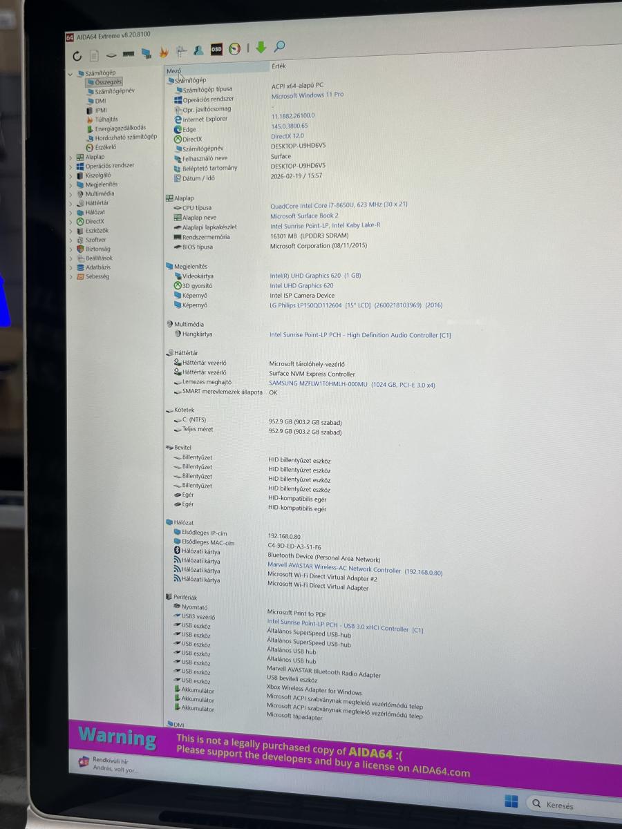 Microsoft Surface Book 2 15 , 15"  3240 x 2160 i7-8650U  16GB / 1TB SSD GTX1060 , 2in1 &eacute;rintőkijelzős notebook /tablet, ez&uuml;st szinben, haszn&aacute;lt