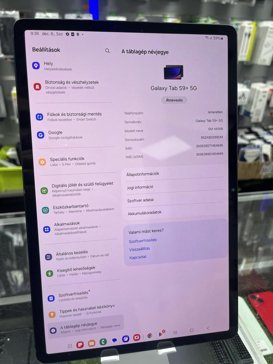 Samsung Galaxy Tab S9+ 12.4" Wifi+5G/LTE (SIM kártyás) 256/12GB Táblagép+ S Pen(SM-X816B), HASZNÁLT 