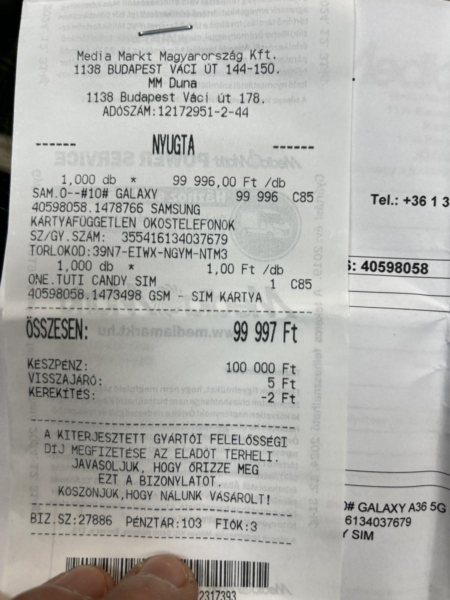 Samsung Galaxy A36 5G 128GB 6GB RAM Dual ( SM-A366B/DS ) Fekete, Haszn&aacute;lt