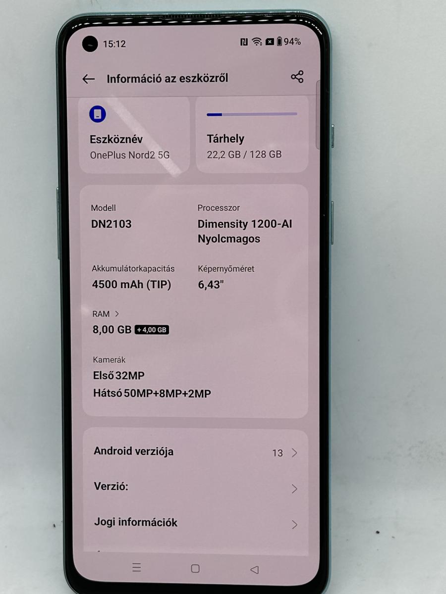 OnePlus Nord2 8GB/8GB / 128GB  5G Dual Mobiltelefon, türkizkék - MÁSOLAT