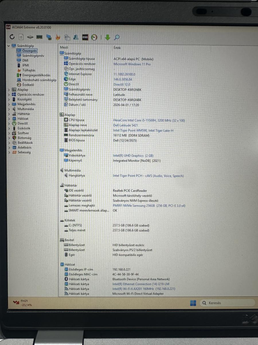 DELL Latitude 5421 14"FHD TOUCH, i5-11500H 16GB/250GB NVME SSD, Win11 Pro , Silver , Fel&uacute;jitott
