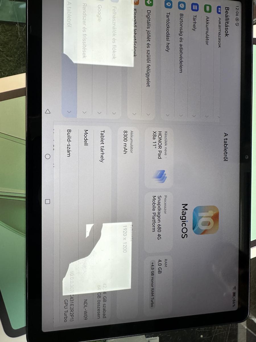 Honor Pad X8a 11" LTE FHD+ 90Hz Androidos t&aacute;blag&eacute;p,  4GB/64GB,  space grey , haszn&aacute;lt