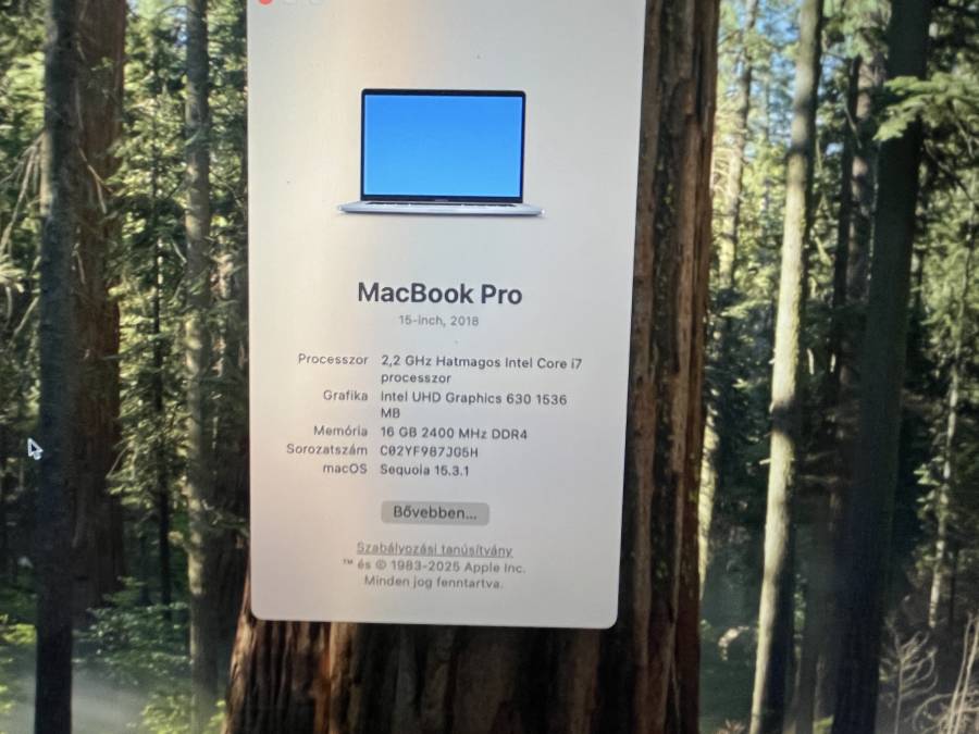 Apple MacBook Pro 15.4" Retina Touchbar Mid 2018 I7-8750H 16GB  / 256 SSD sötétszürke 