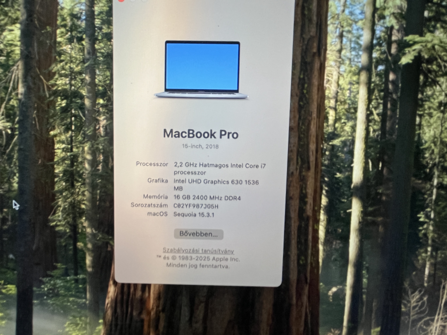 Apple MacBook Pro 15.4" Retina Touchbar Mid 2018 I7-8750H 16GB  / 256 SSD sötétszürke 