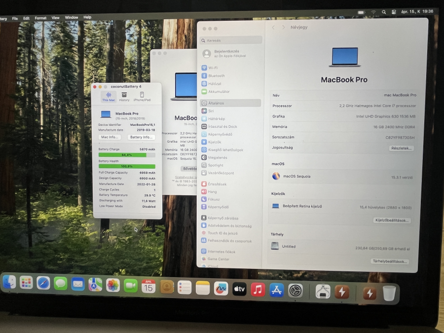Apple MacBook Pro 15.4" Retina Touchbar Mid 2018 I7-8750H 16GB  / 256 SSD sötétszürke 