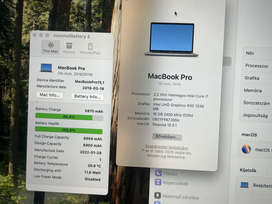 Apple MacBook Pro 15.4" Retina Touchbar Mid 2018 I7-8750H 16GB  / 256 SSD sötétszürke 