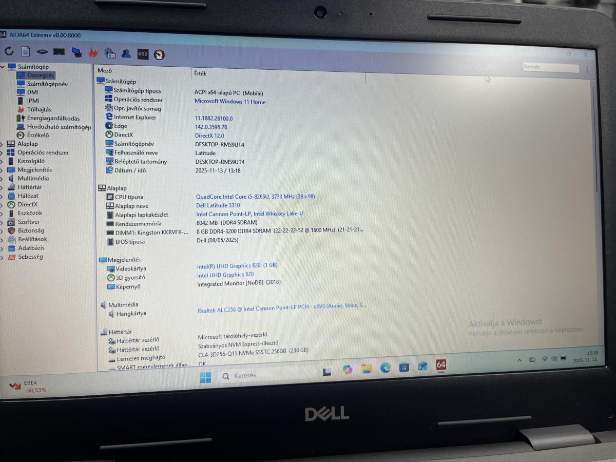 DELL Latitude 3310 13.2"HD i5-8265U 1.60GHz 8GB 250GB Win11 Felújított Notebook