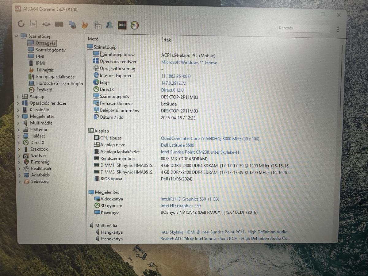 Dell Latitude 5580 - 15.6" FHD  i5-6440HQ, 8GB, 256GB SSD, Win11 Prof - Fekete , haszn&aacute;lt Notebook