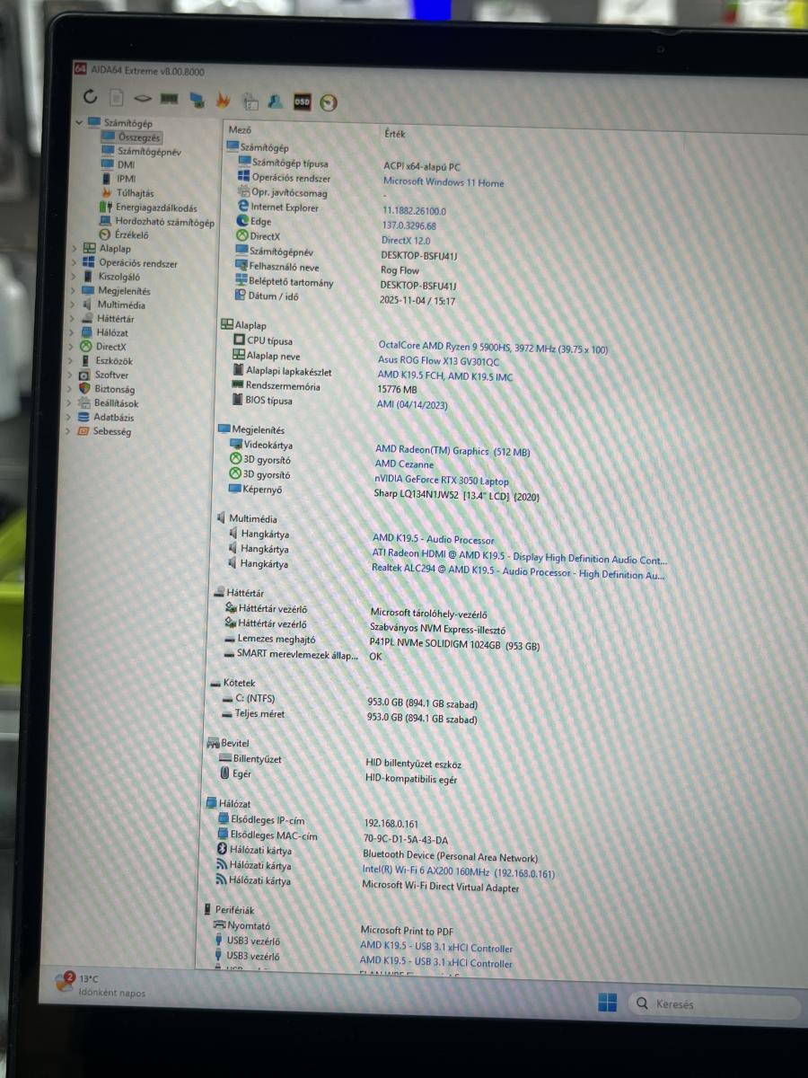 ASUS ROG Flow X13 GAMER GV301QC-K6082T 13.4"Érintőkijelző / 3K Ryzen 9 5900HS, 16GB/1TB SSD, GF RTX 3050 ,Win11H ,  FELÚJITOTT
