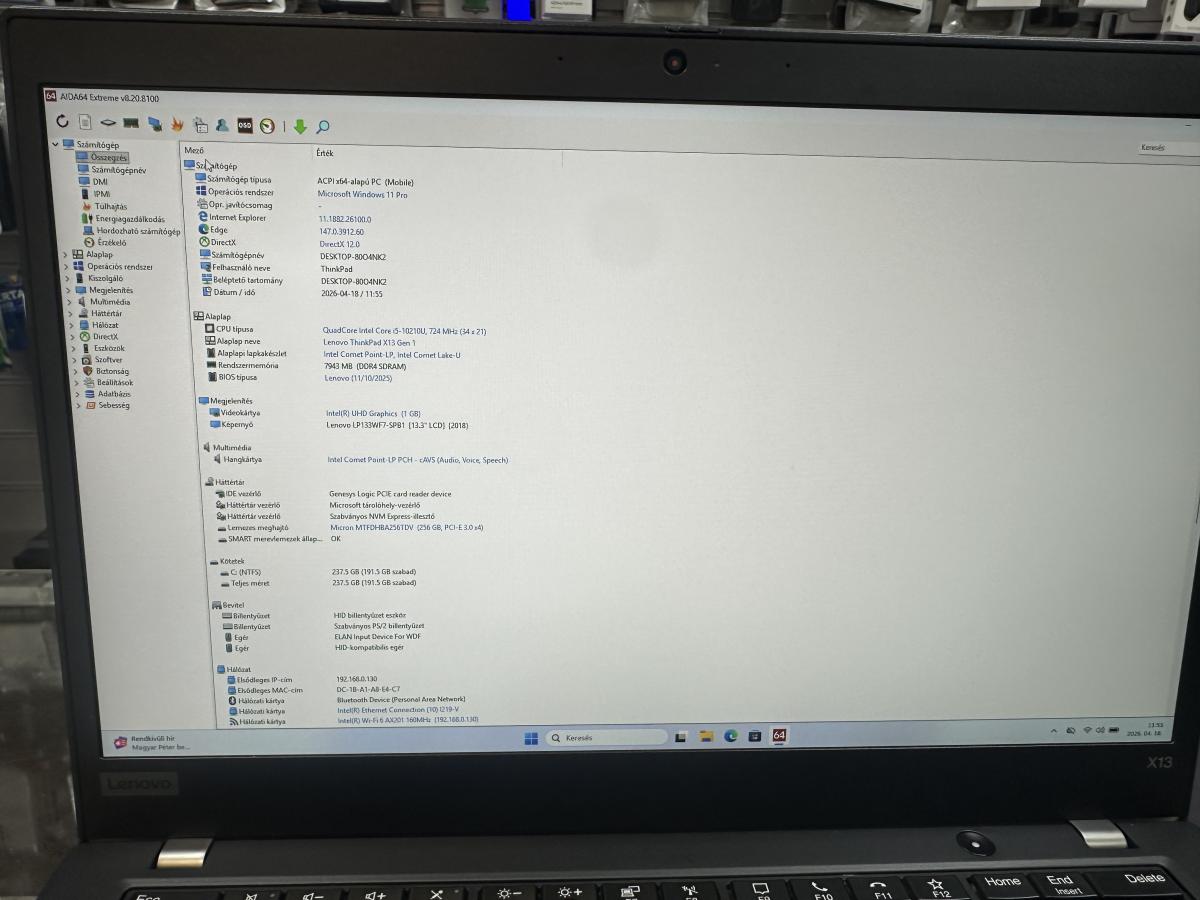 Lenovo ThinkPad X13 Laptop  13.3" FHD i5-10210U 8GB 256GB Win11 pro, felujitott 