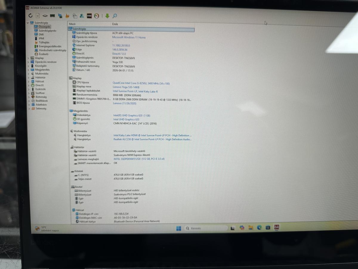 Lenovo Ideapad Yoga 530-14IKB 2in1 14" FHD &Eacute;rintőkijelző i5-8250U 8GB DDR4 , 480GB M.2 SSD Win11 Pro , &eacute;rintőceruz&aacute;val, FEL&Uacute;JITOTT notebook