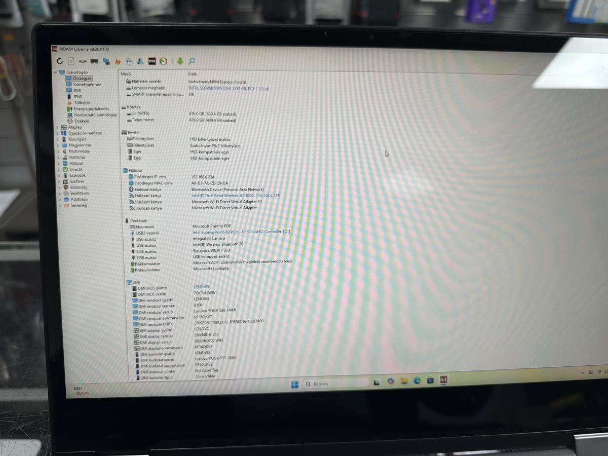 Lenovo Ideapad Yoga 530-14IKB 2in1 14" FHD &Eacute;rintőkijelző i5-8250U 8GB DDR4 , 480GB M.2 SSD Win11 Pro , &eacute;rintőceruz&aacute;val, FEL&Uacute;JITOTT notebook