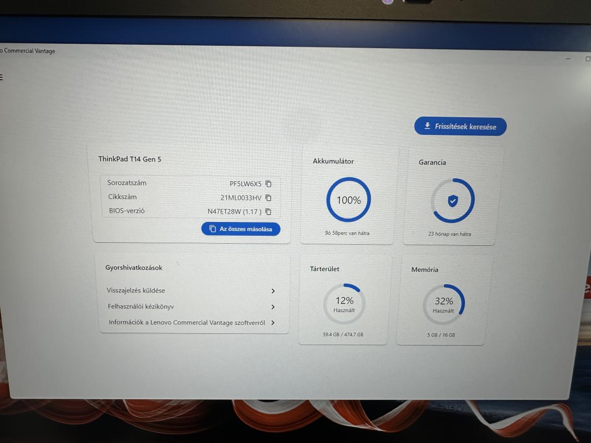LENOVO T14 Gen 5  14" Core Ultra 7 155U, 16GB 512GB M.2 NVME SSD ( 21ML0033HV ) Fel&uacute;jitott AI Business notebook 